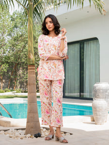 Divena Cream Floral Print Cotton Regular Fit Night Suit Set