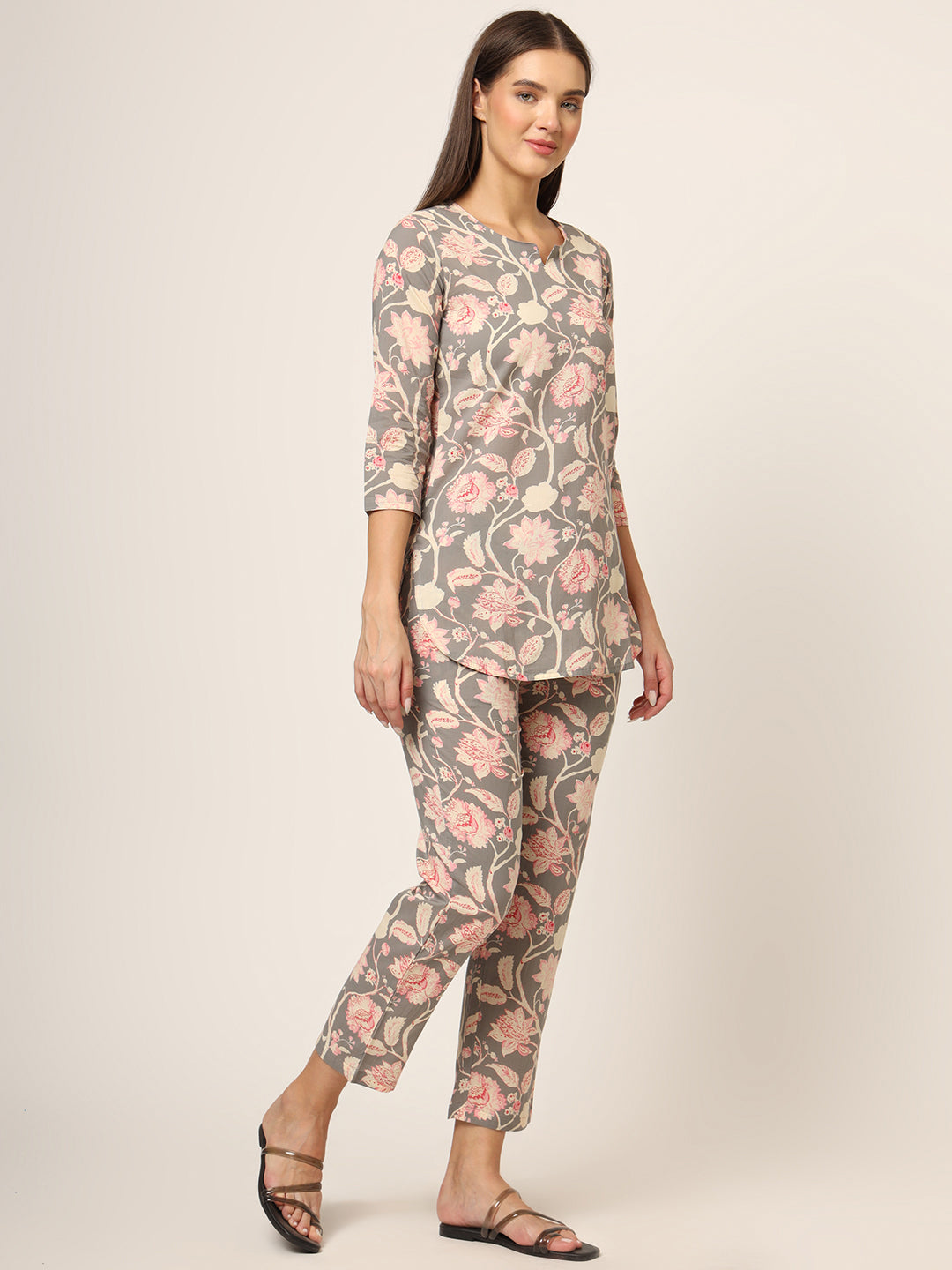 Divena Grey Floral Print Cotton Regular Fit Night Suit