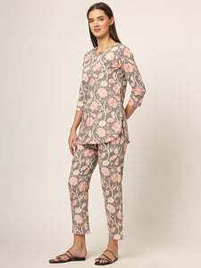 Divena Grey Floral Print Cotton Regular Fit Night Suit