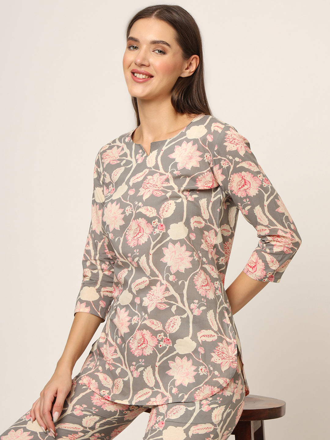 Divena Grey Floral Print Cotton Regular Fit Night Suit