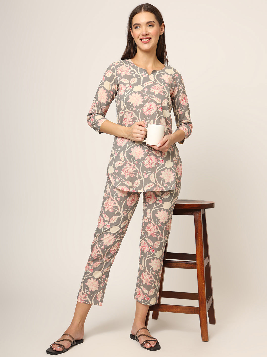 Grey Floral Print Cotton Regular Fit Night Suit — view 1