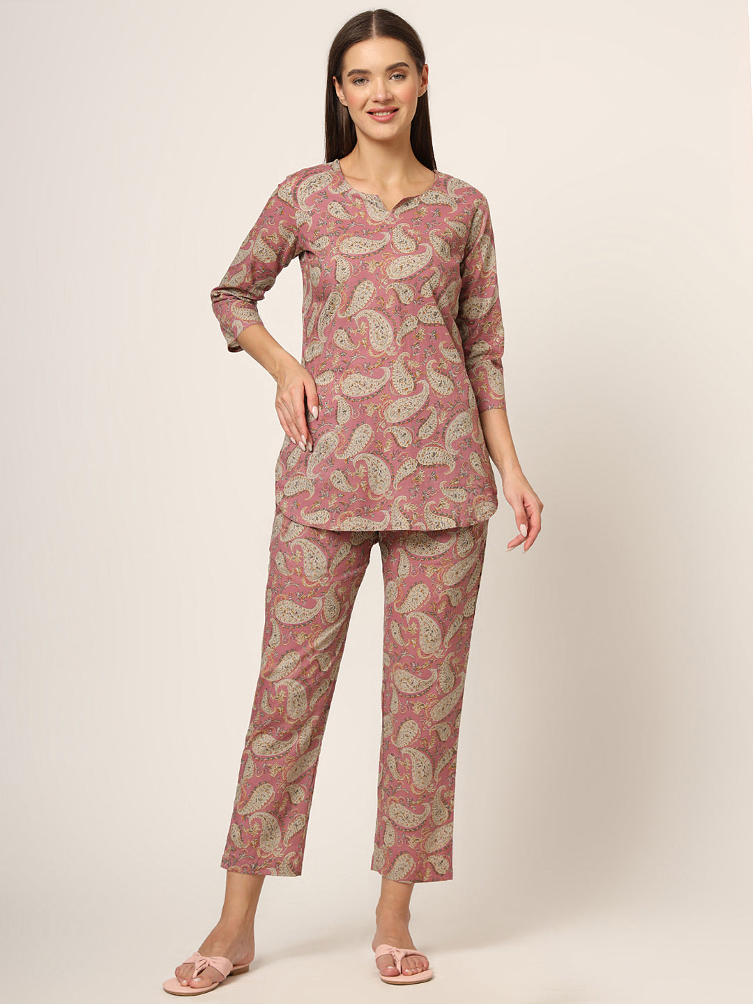 Pink Floral Print Cotton Regular Fit Night Suit — view 1