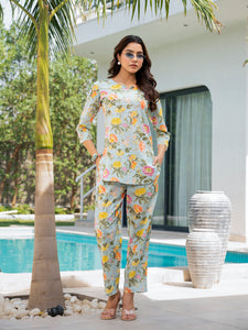 Divena Sky Blue Floral Print Cotton Regular Fit Night Suit Set