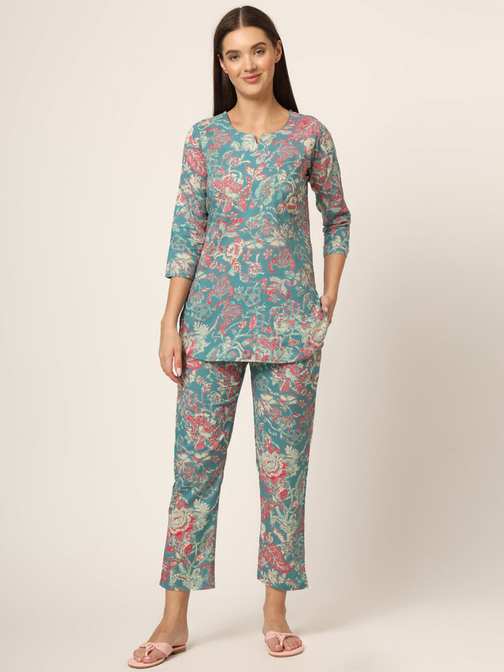 Divena Green Floral Print Cotton Regular Fit Night Suit
