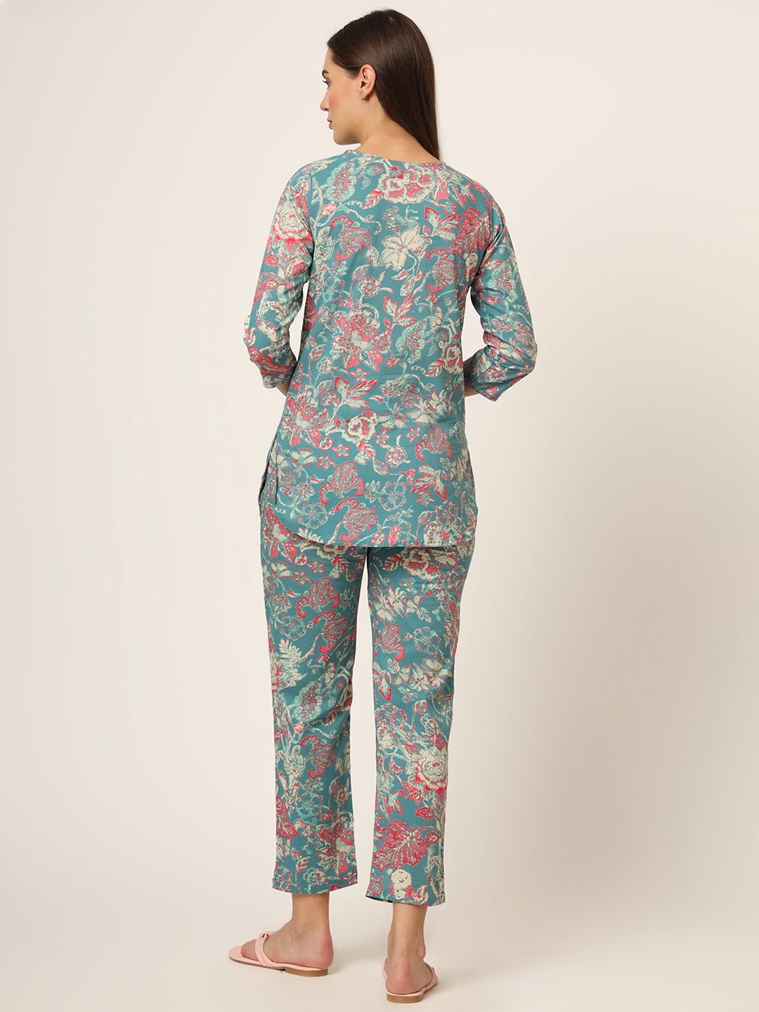 Divena Green Floral Print Cotton Regular Fit Night Suit
