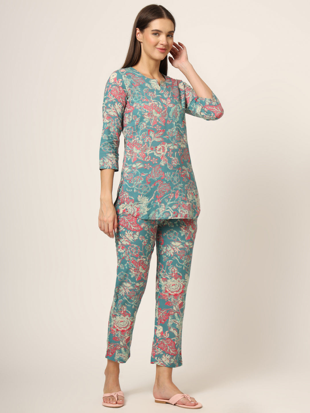 Divena Green Floral Print Cotton Regular Fit Night Suit