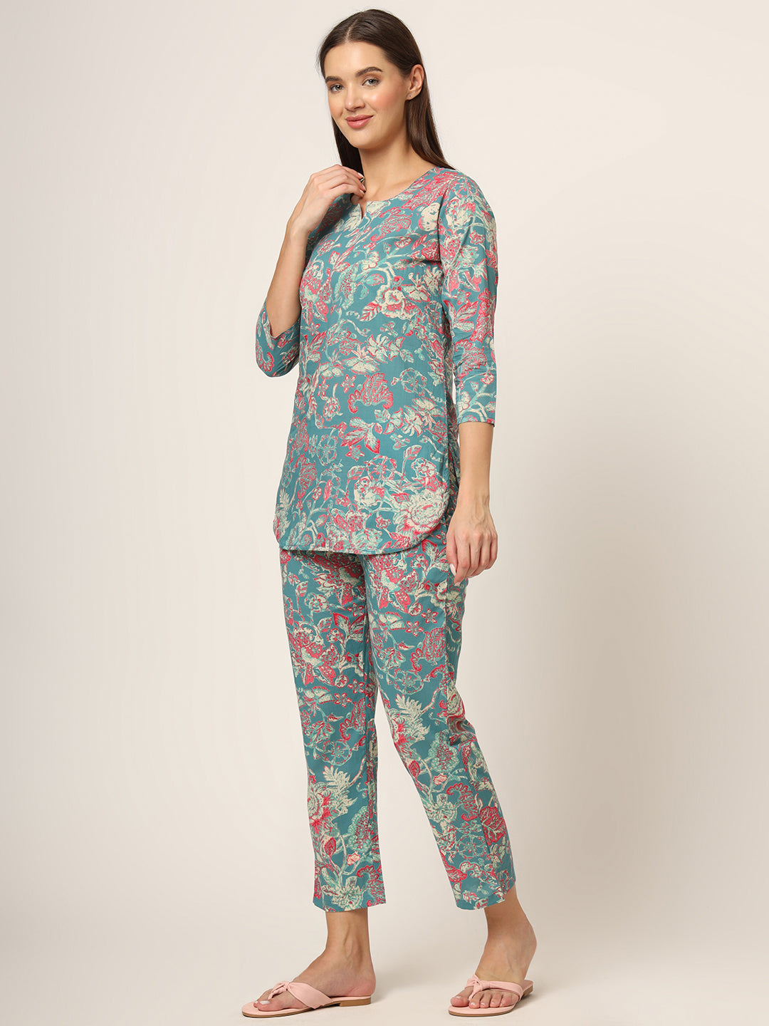 Divena Green Floral Print Cotton Regular Fit Night Suit