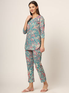 Divena Green Floral Print Cotton Regular Fit Night Suit