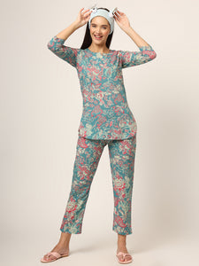 Divena Green Floral Print Cotton Regular Fit Night Suit