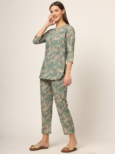 Divena Green Floral Print Cotton Regular Fit Night Suit