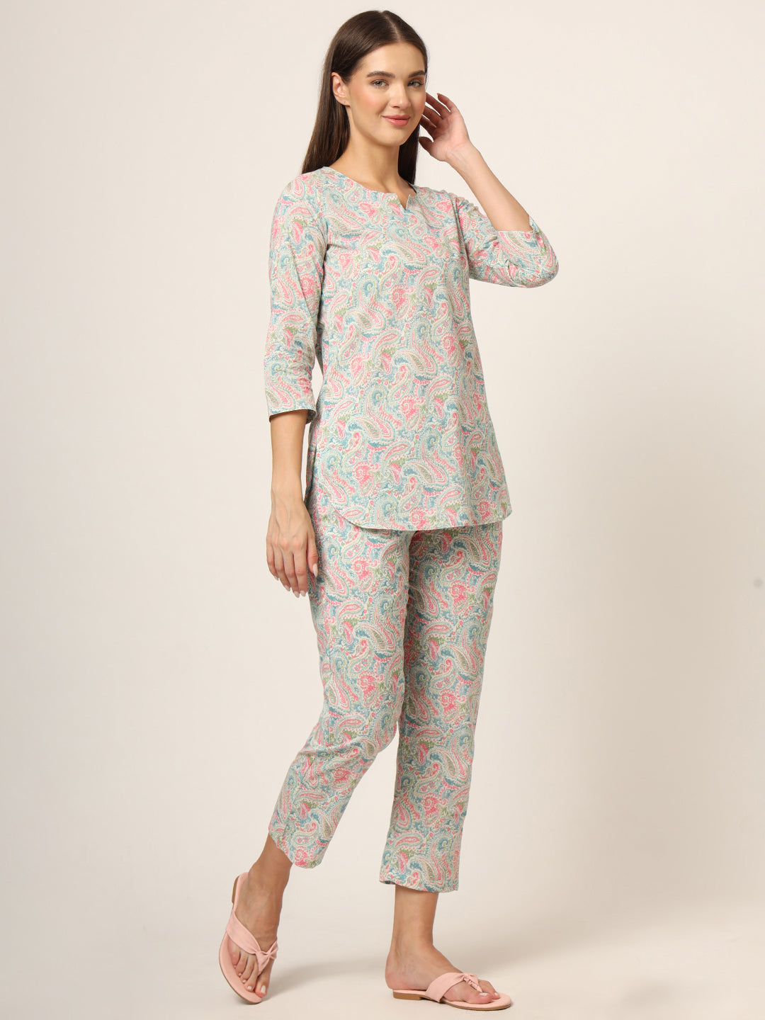 Blue Multi Floral Print Cotton Regular Fit Night Suit — view 1