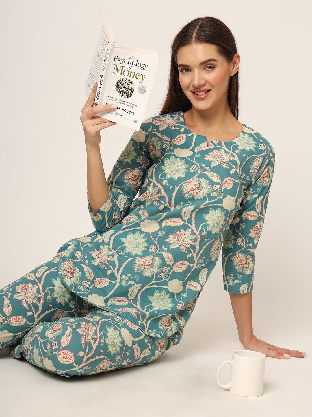 Divena Green Floral Print Cotton Regular Fit Night Suit