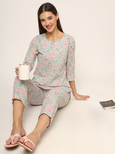 Divena Blue Multi Floral Print Cotton Regular Fit Night Suit