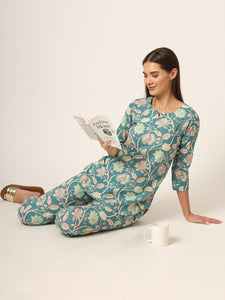 Divena Green Floral Print Cotton Regular Fit Night Suit