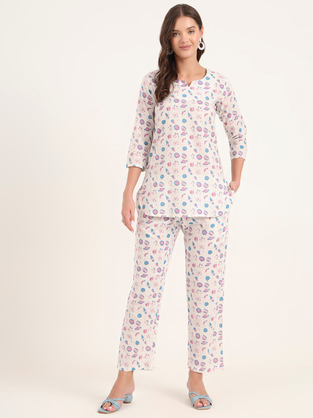 White Printed Cotton Night Suit Sets — view 1