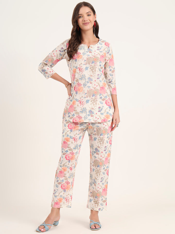 Divena White Printed Cotton Night Suit Sets