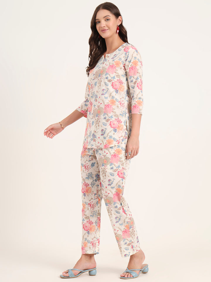 Divena White Printed Cotton Night Suit Sets