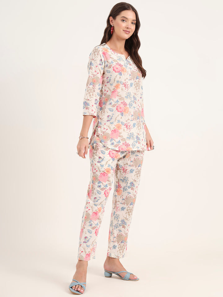 Divena White Printed Cotton Night Suit Sets