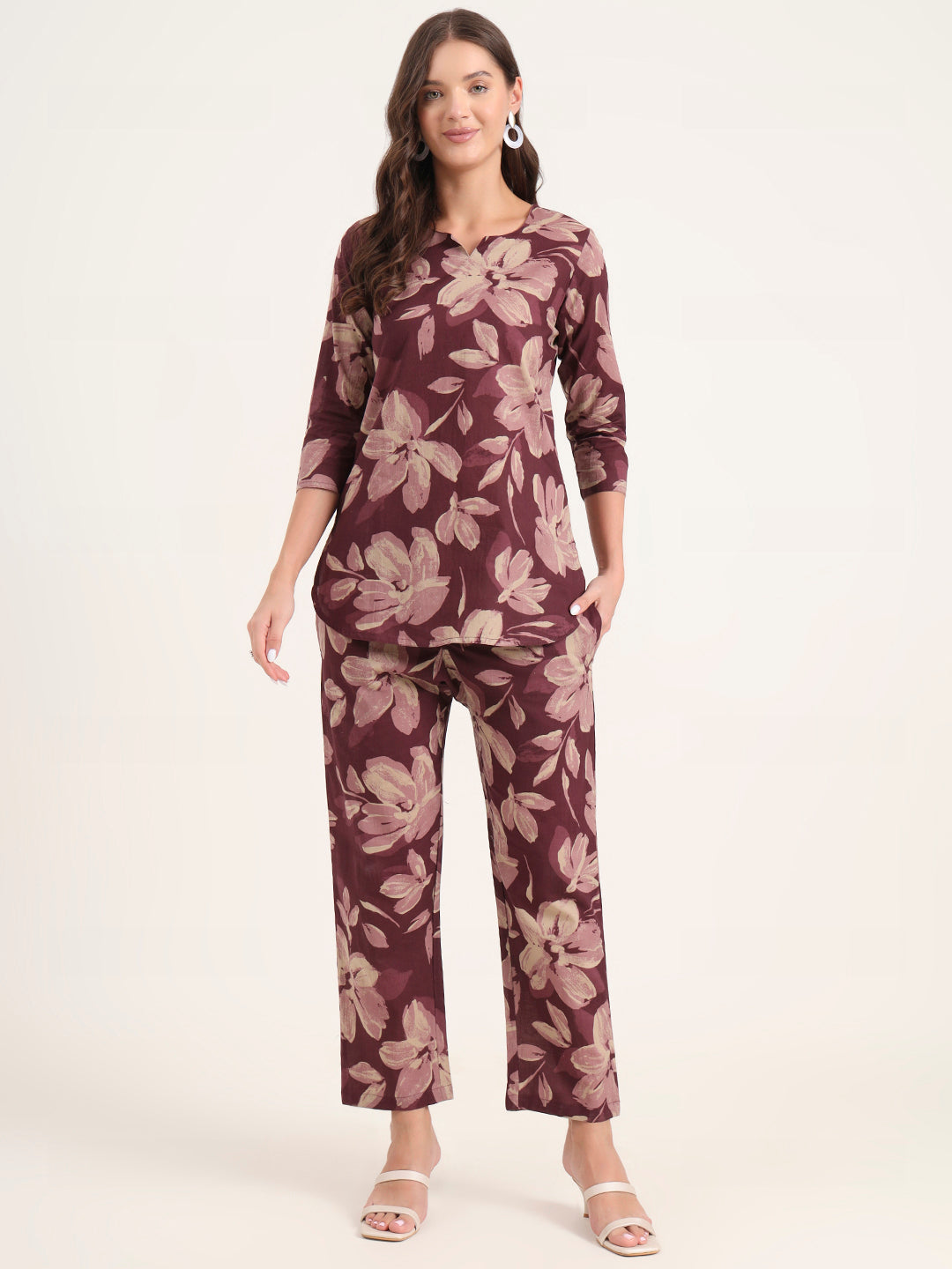 Burgundy Printed Cotton Night Suit Sets — view 1