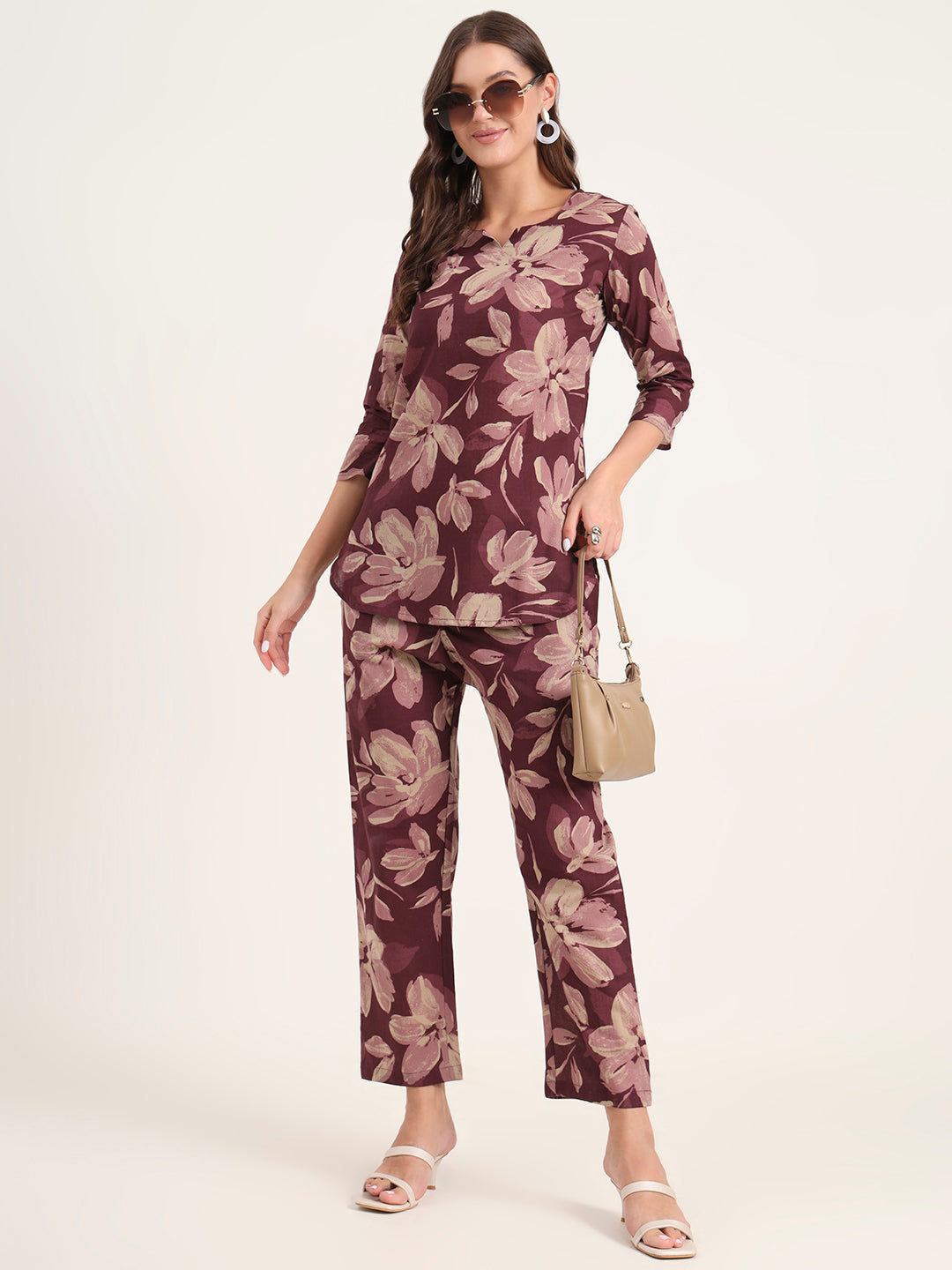 Divena Burgundy Printed Cotton Night Suit Sets