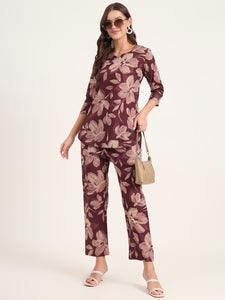 Divena Burgundy Printed Cotton Night Suit Sets