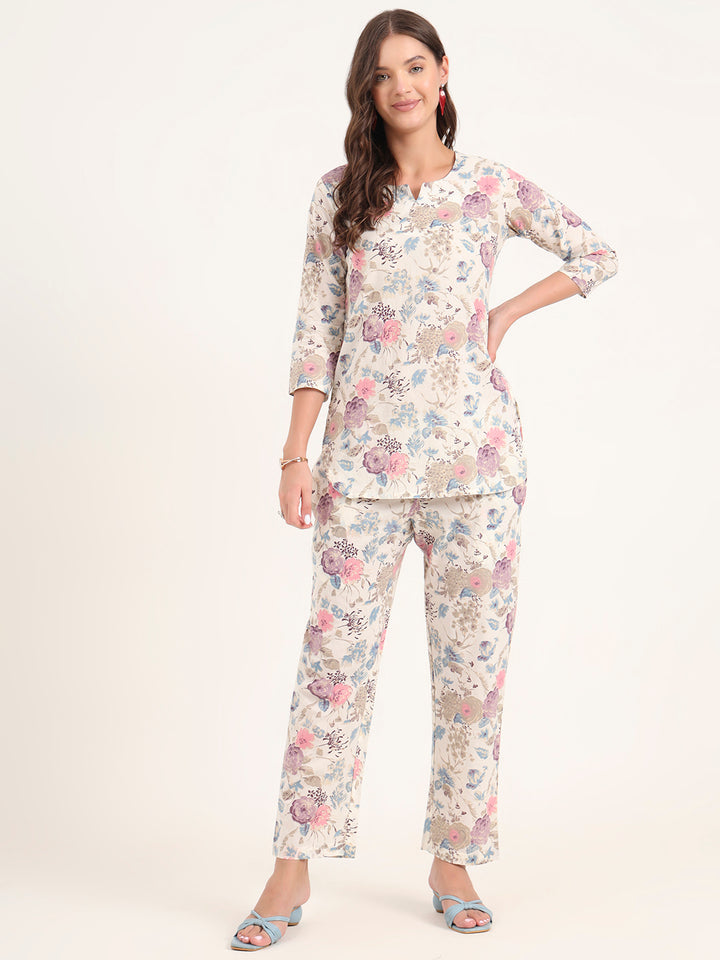 Divena Cream Printed Cotton Night Suit Sets