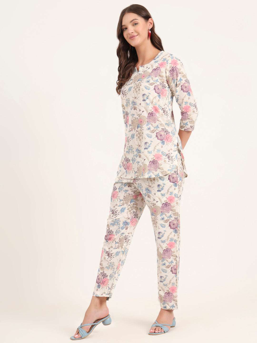 Divena Cream Printed Cotton Night Suit Sets