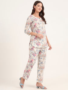 Divena Cream Printed Cotton Night Suit Sets