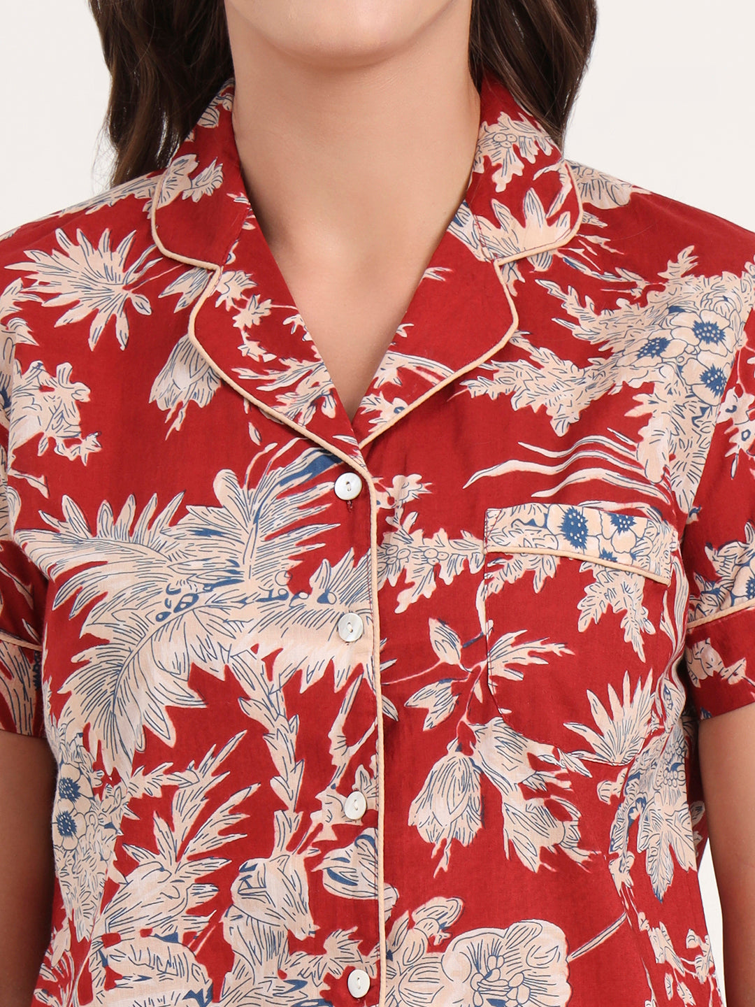 Divena Red Cotton Shirt and Shorts Night Suits