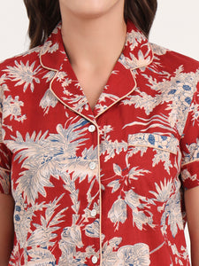 Divena Red Cotton Shirt and Shorts Night Suits