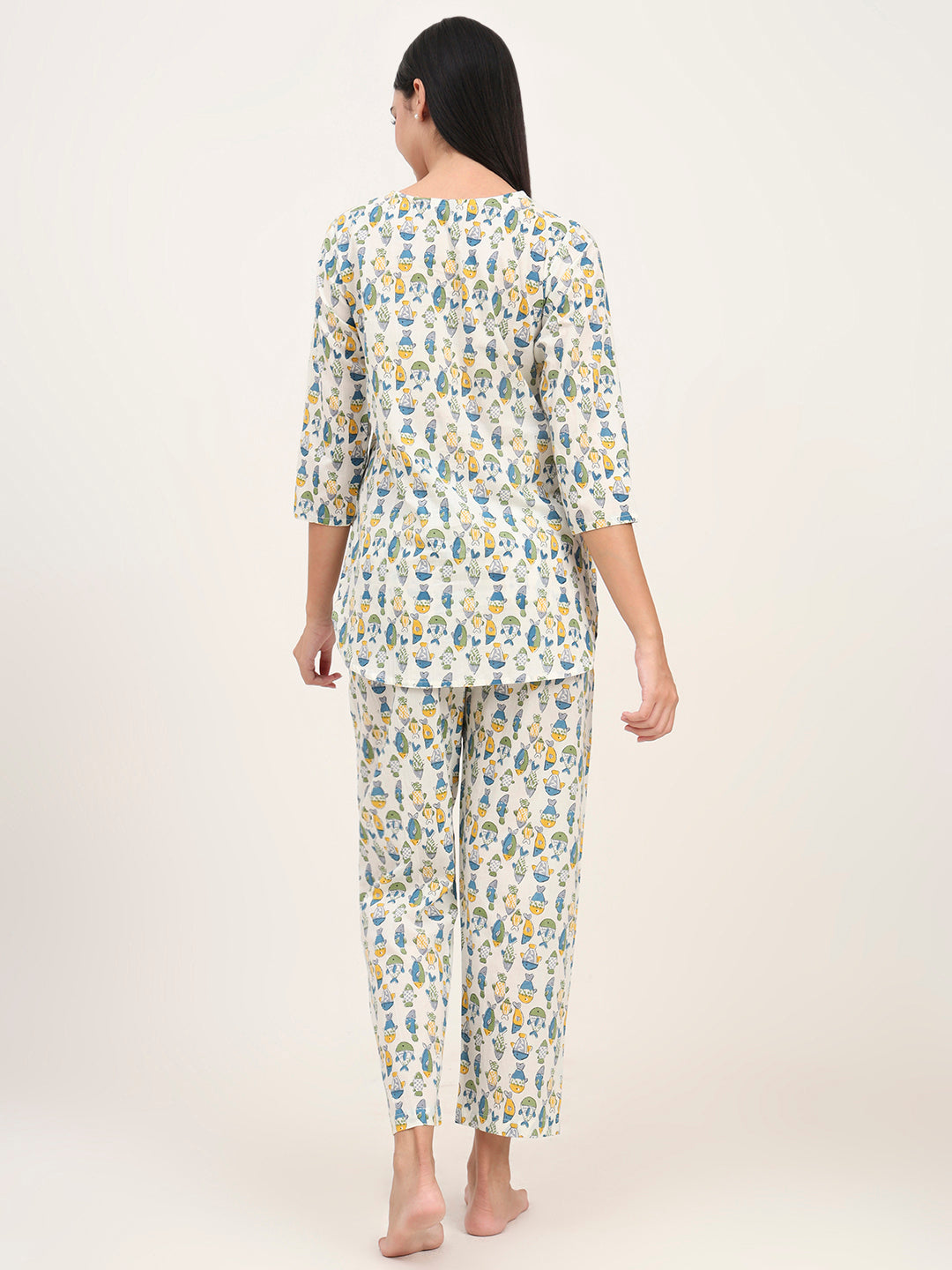 Divena White Cotton Printed Night Suit Set