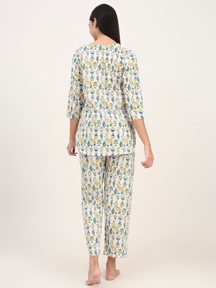 Divena White Cotton Printed Night Suit Set