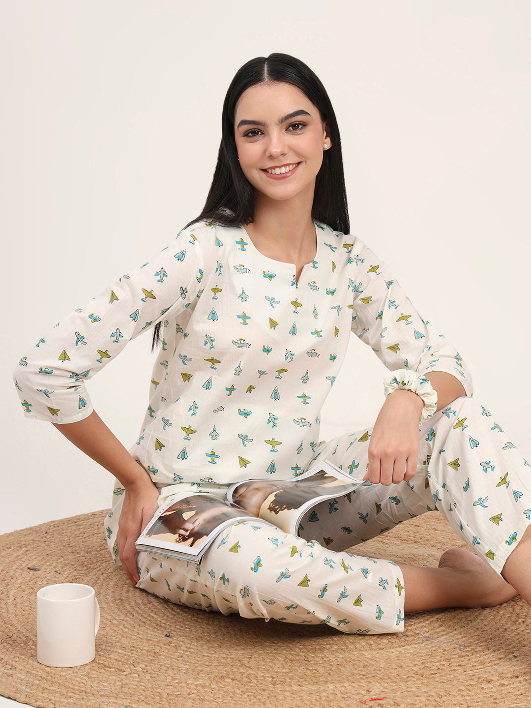 Cream Cotton Printed Night Suit Set — view 1