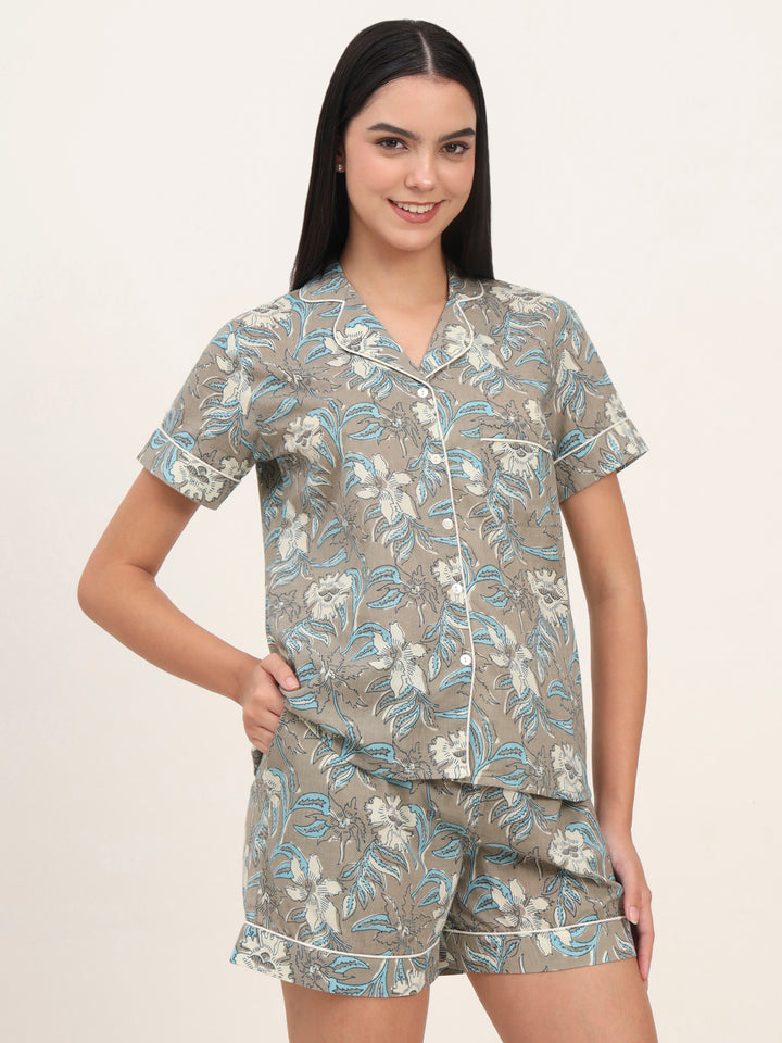 Divena Grey Cotton Floral Printed Shirts With Shorts Night Suits