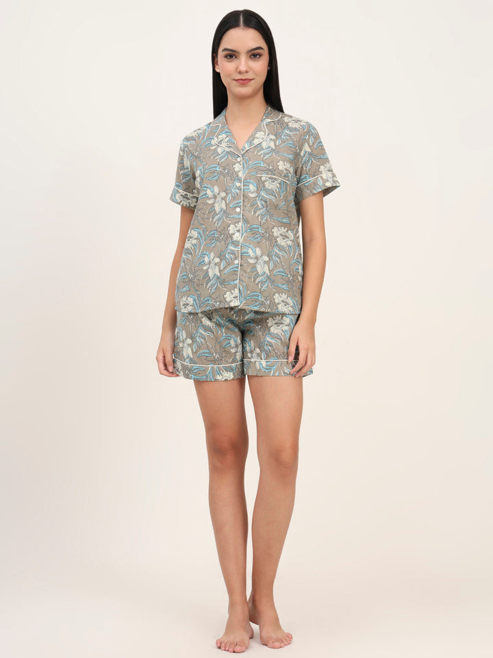 Divena Grey Cotton Floral Printed Shirts With Shorts Night Suits