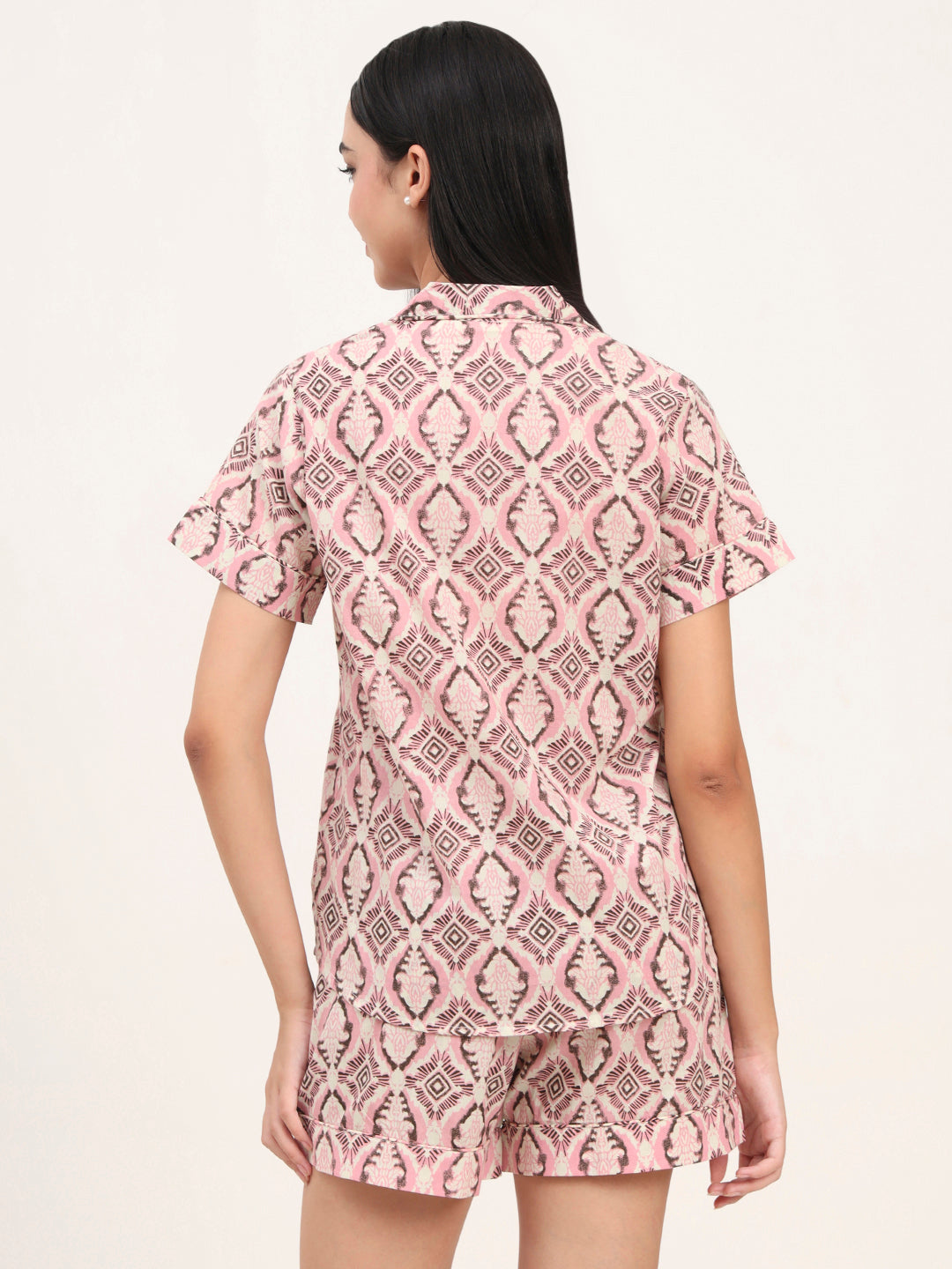 Divena Pink Cotton Floral Printed Shirts With Shorts Night Suits