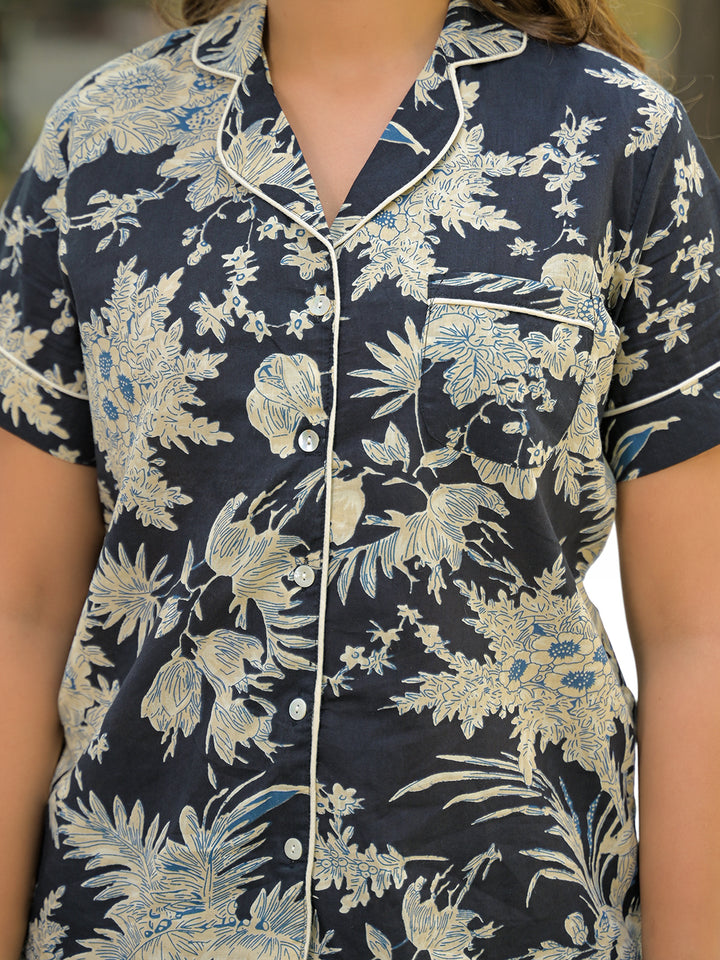 Divena Black Floral Print Cotton Night Suits
