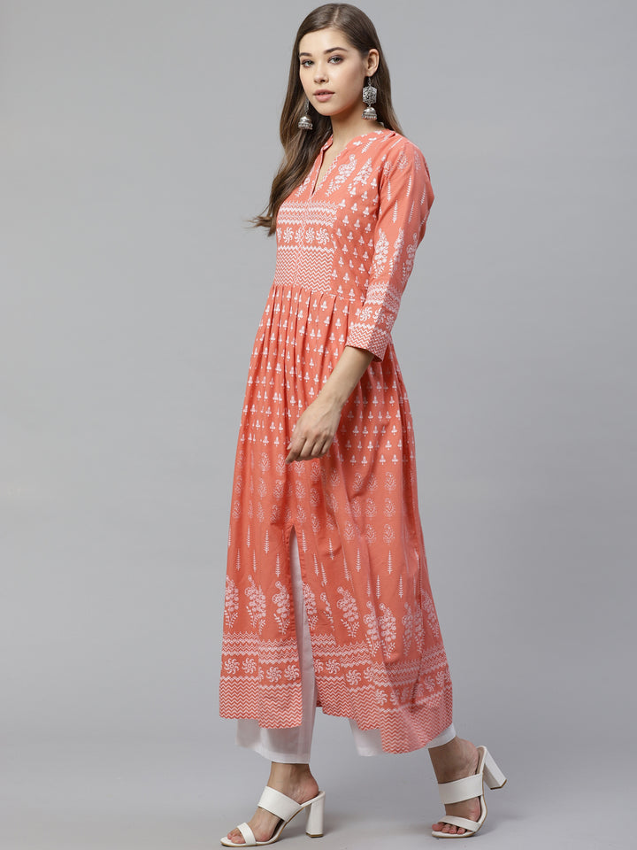 Divena Women's Pink Floral Print Cotton Kurta