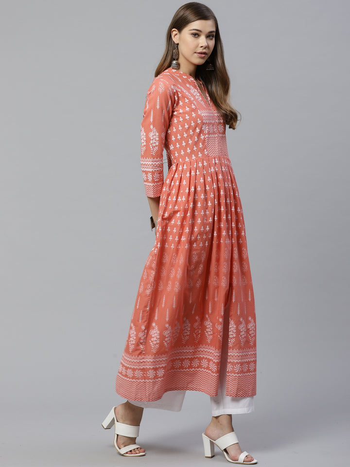 Divena Women's Pink Floral Print Cotton Kurta