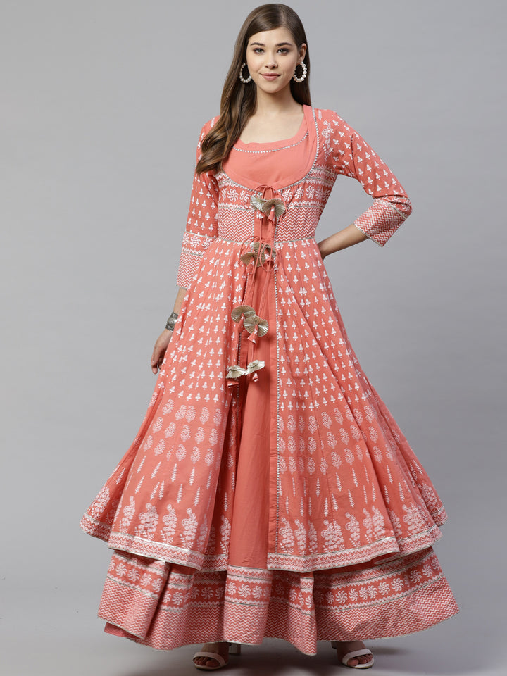 Divena Women's Pink Khadi Print Cotton Layered Kurta