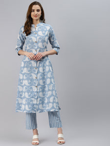 Divena Women Blue Ethnic Motifs Printed Regular Pure Cotton Kurta with Striped Palazzos