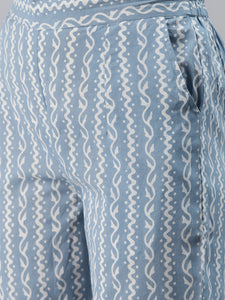 Divena Women Blue Ethnic Motifs Printed Regular Pure Cotton Kurta with Striped Palazzos