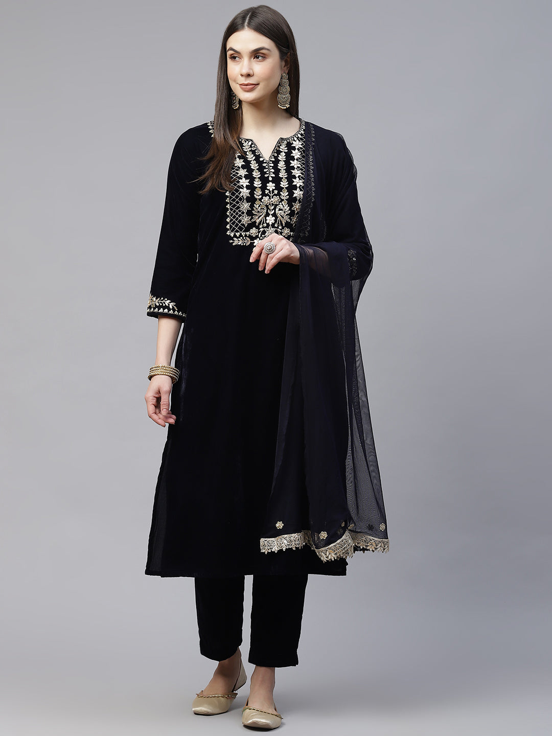 Royal Navy Blue Velvet Zardozi work Embroidered Kurta Pant With Net Dupatta set — view 1