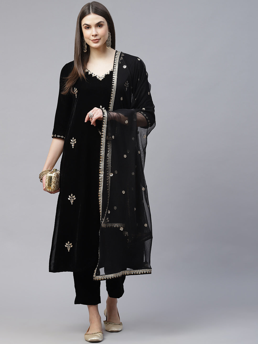 Black Velvet hand work Kurta pant With Net Dupatta set — view 1