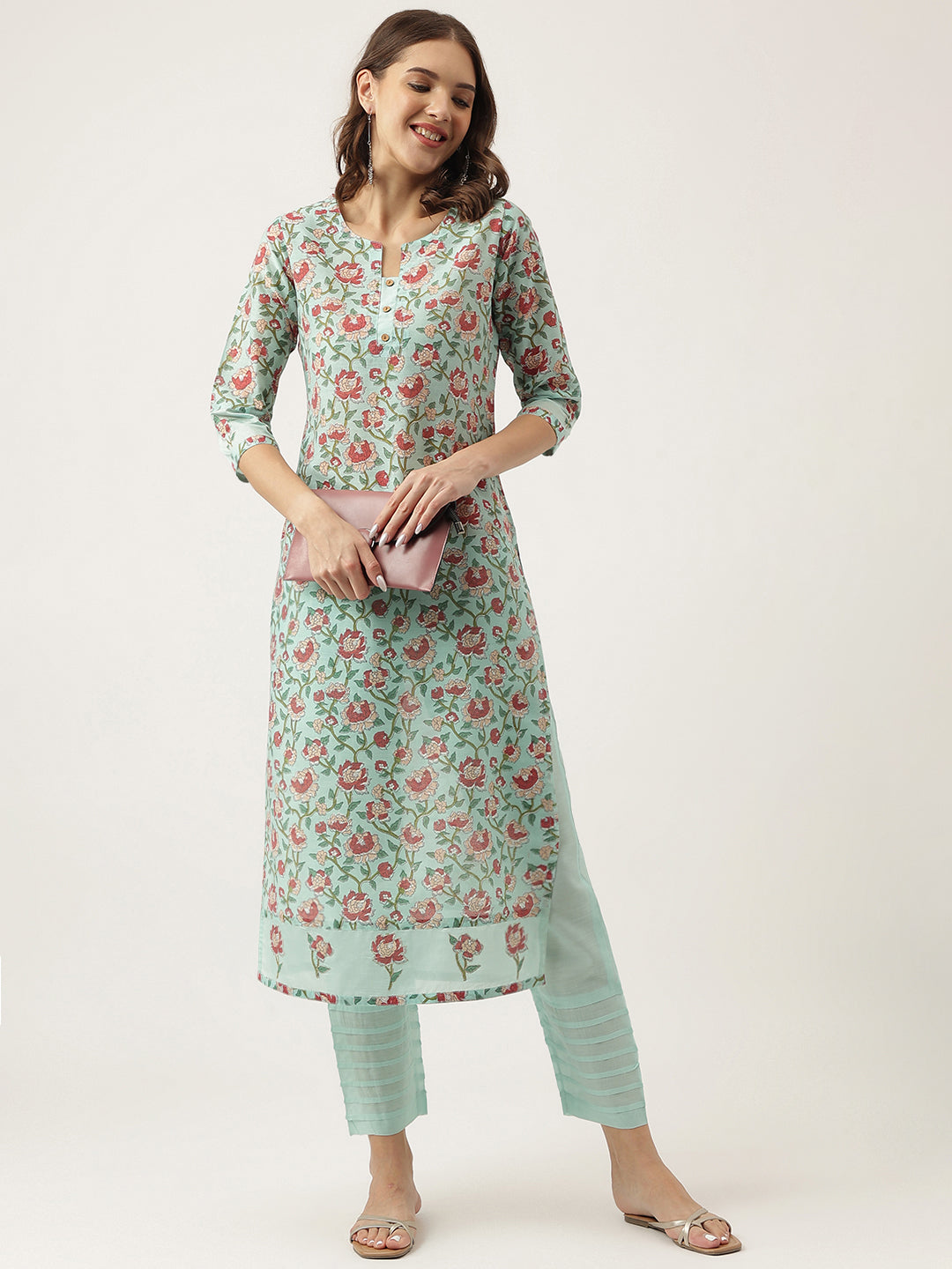 Green Chanderi Floral Printed Kurta with Pant Set — view 1