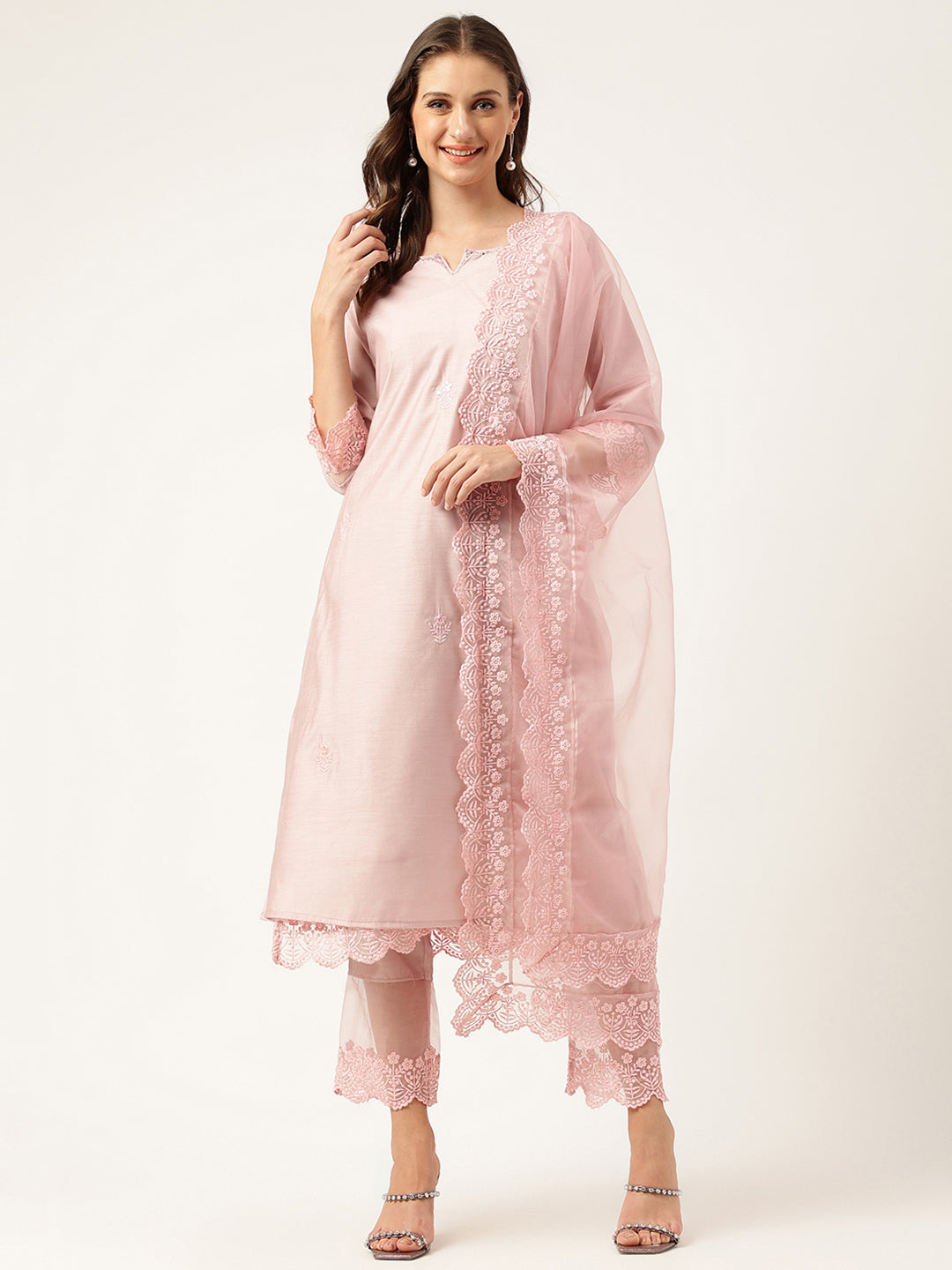 Solid Chanderi Kurta with Inner,Trouser Inner & Dupatta Set — view 1