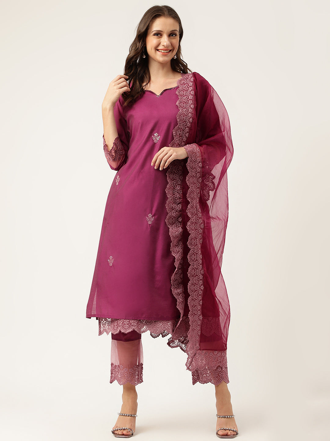 Solid Purple Chanderi Embroidered Kurta with Inner Trouser Inner & Dupatta Set — view 1