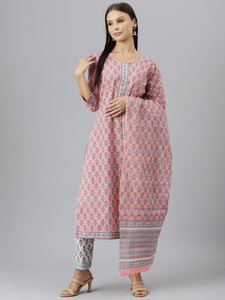 Divena Women Pink Printed Gotta Patti Pure Cotton Kurta with Trousers & Dupatta