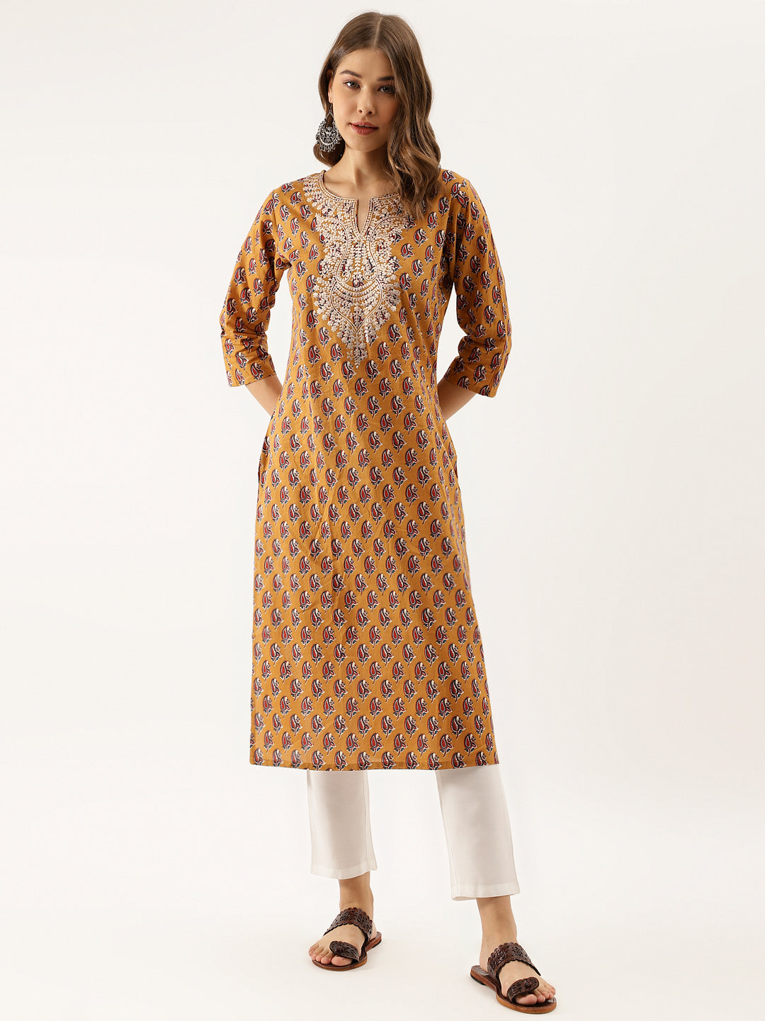Mustard Floral Printed Cotton Zari Work Kurta for Women — view 1