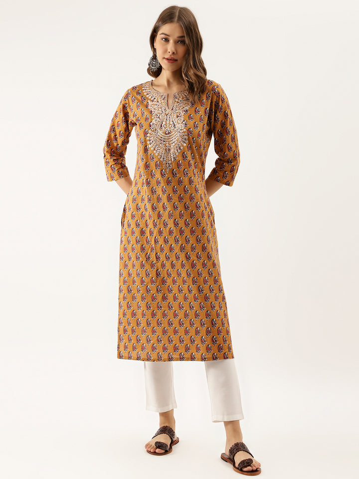 Divena Mustard Floral Printed Cotton Zari Work Kurta for Women